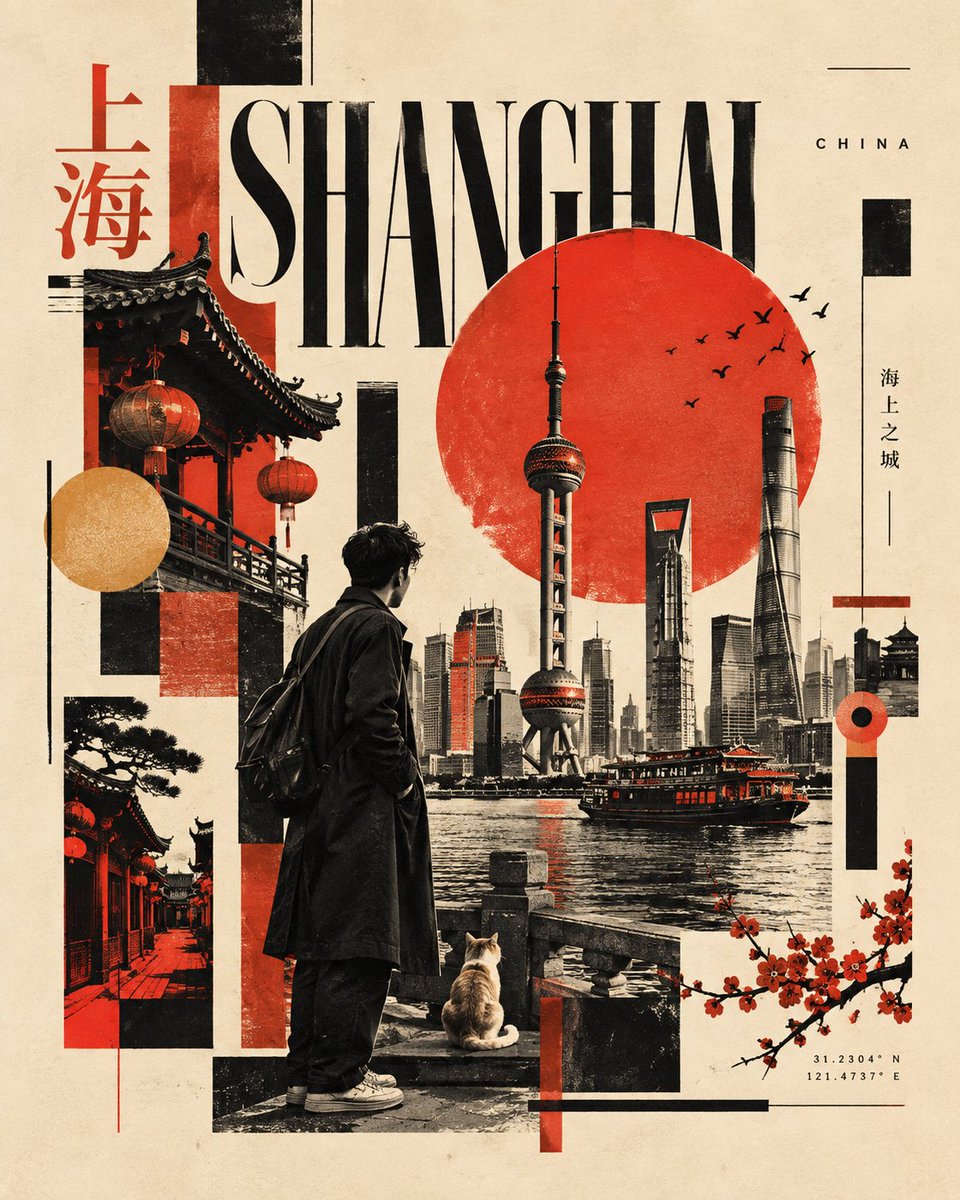 为 [国家 / 城市 / 地点 / 主题] 创作一幅高级感 4:5 竖版现代主义编辑式旅行拼贴画。 仅文生图 —— 完全根据 [国家 / 城市 / 地点 /…