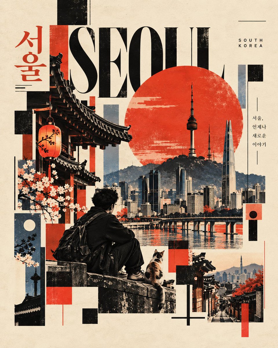 为 [国家 / 城市 / 地点 / 主题] 创作一幅高级感 4:5 竖版现代主义编辑式旅行拼贴画。 仅文生图 —— 完全根据 [国家 / 城市 / 地点 / 主题] 创造性地生成…