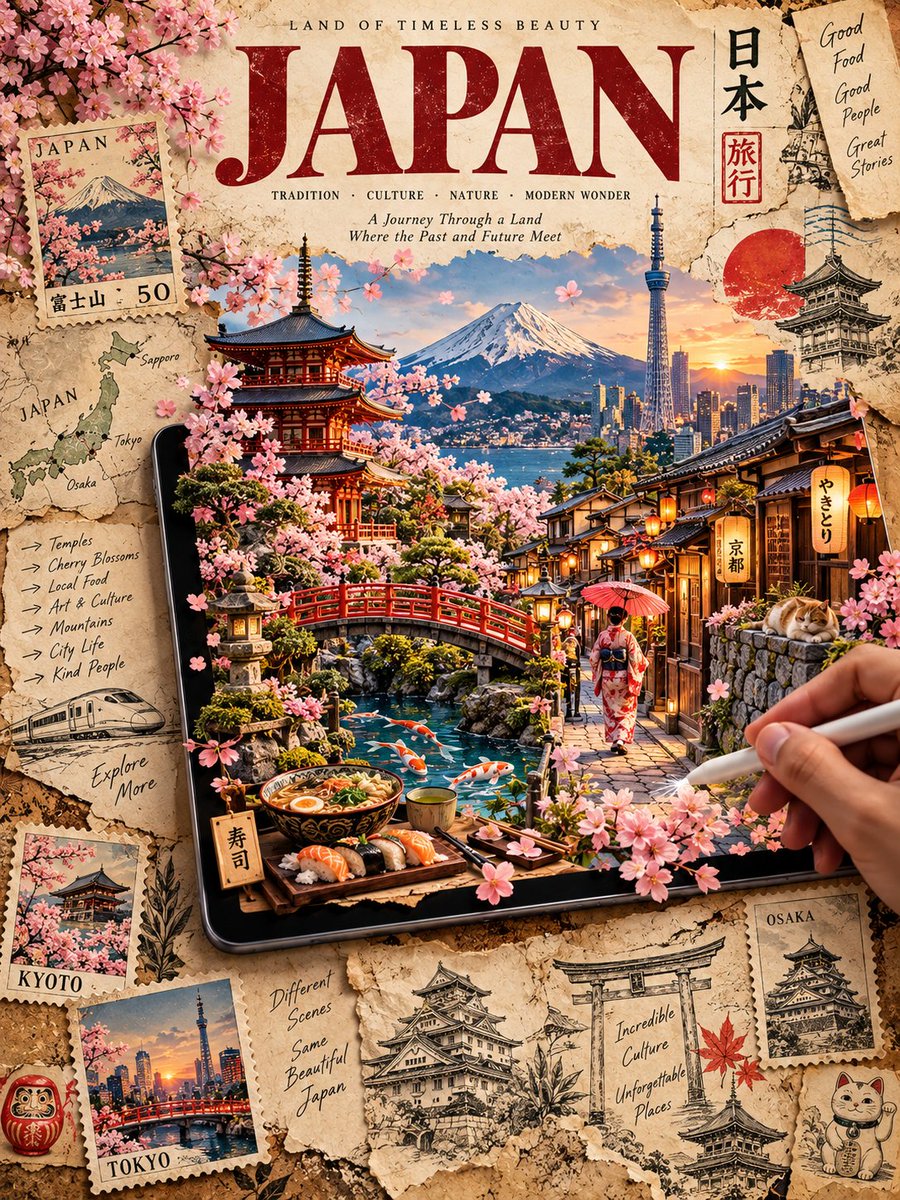 一张高端复古旅行海报，以 [Country/City Name]（国家/城市名称）为主题，中央放置一台大型平板电脑，屏幕中展示一座手工制作的 3D 立体纸艺微缩模型场景。画面从屏…