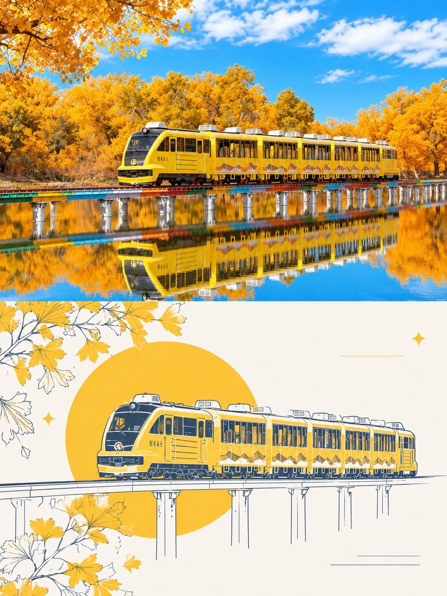 创作一张受参考图像启发的双栏旅行海报。 上方面板：一张令人惊叹的、照片写实风格的秋季风景，画面中一列现代黄色观光火车正行驶在横跨平静湖泊的长高架铁路上。场景四…