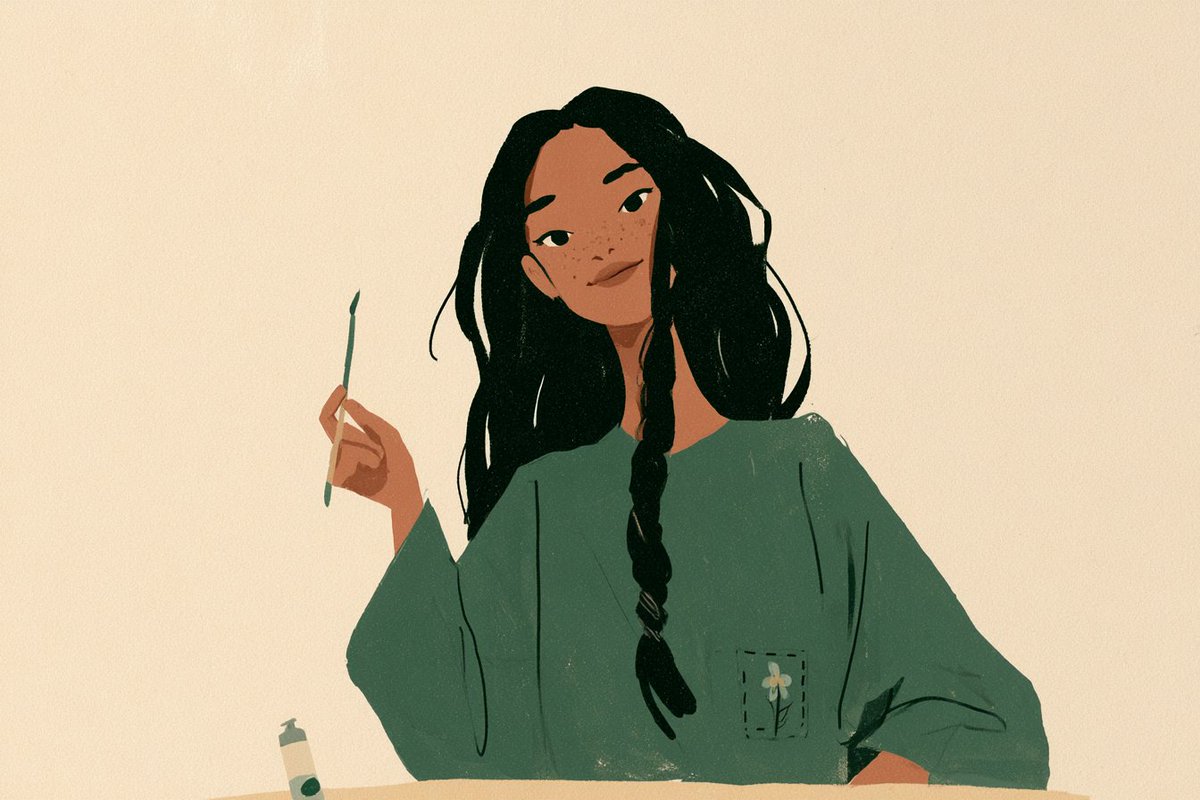 一幅极简主义插画，以柔和的米色为背景，描绘一位[subject]，[hair description]，[facial details]若隐若现，[expression]，身着[…