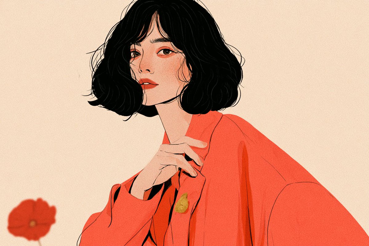 一幅极简主义插画，以柔和的米色为背景，描绘一位[subject]，[hair description]，[facial details]若隐若现，[expression]，身着[…