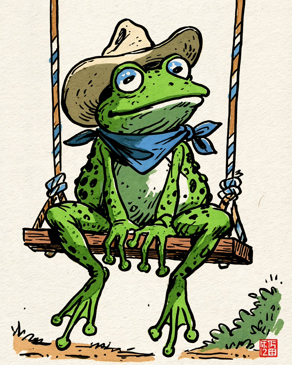 一幅充满奇趣的插画描绘了一只戴着牛仔帽和蓝色领巾的绿色青蛙，坐在一个木制秋千上。秋千由两根绳子吊起，每根绳子上都装饰着蓝白相间的条纹。青蛙的眼睛又大又蓝，身上…