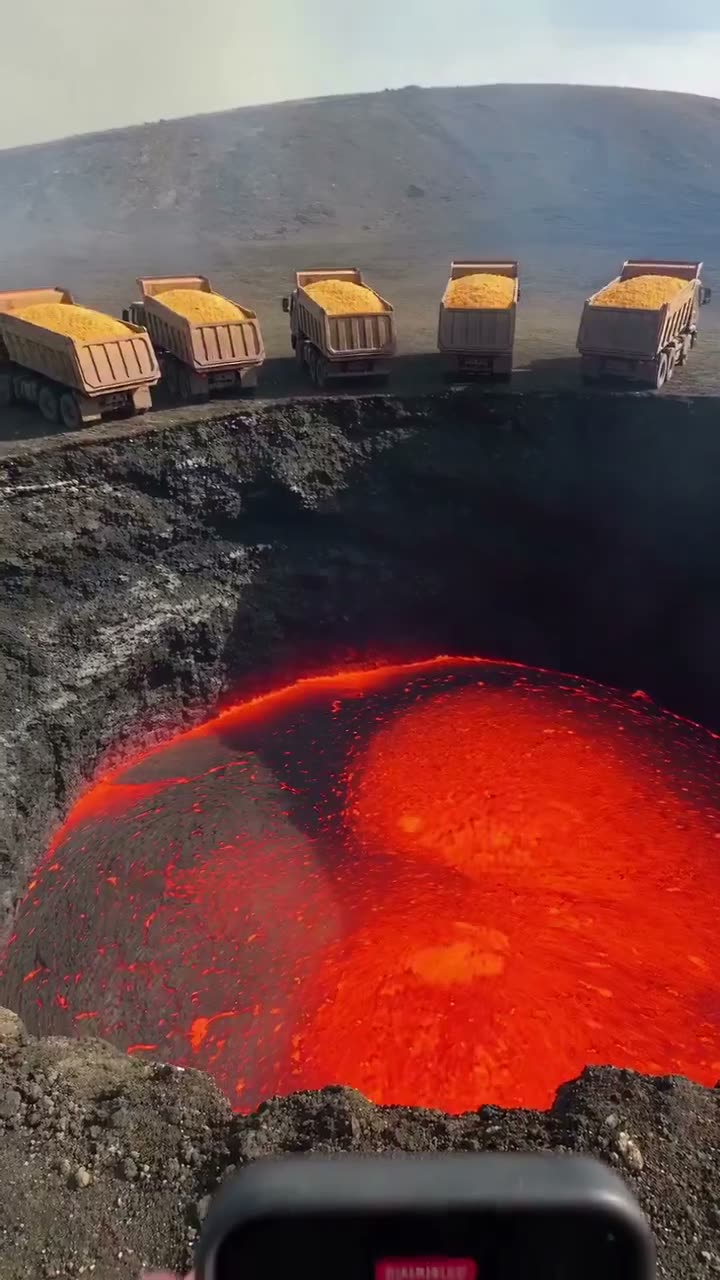 第一人称视角，位于火山口边缘。五辆自卸卡车在山脊上一齐倾斜，将黄色玉米流倾倒入发光的熔岩中。玉米粒在下落过程中、尚未接触熔岩前便在空中爆开成爆米花。烟雾与火星…