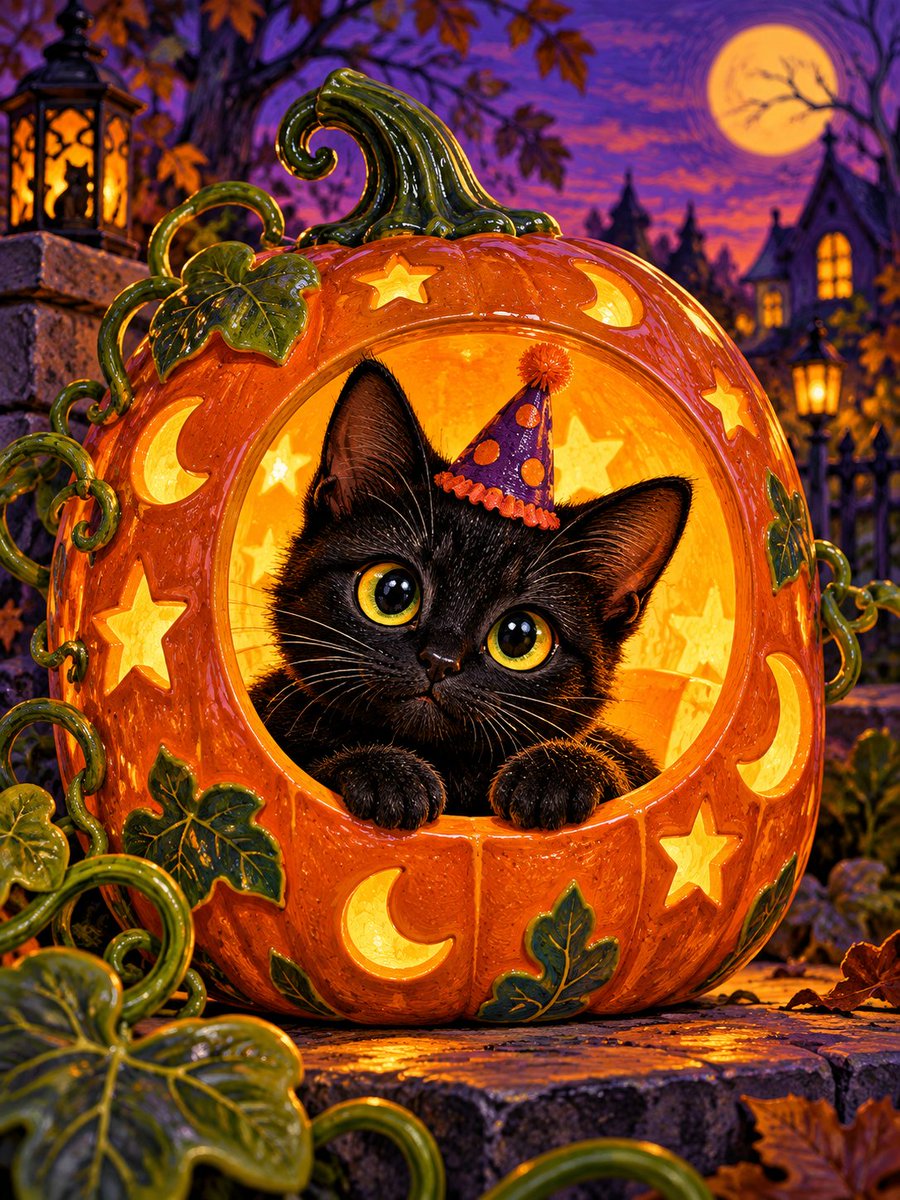 一只眼神明亮的黑色小猫从一只发光的南瓜形陶瓷灯笼的圆形开口处探头张望，两只前爪搭在灯笼的下沿。光滑的陶土、大胆的麻胶版画纹理，以及莹润的彩绘釉色。紫色的暮光、…