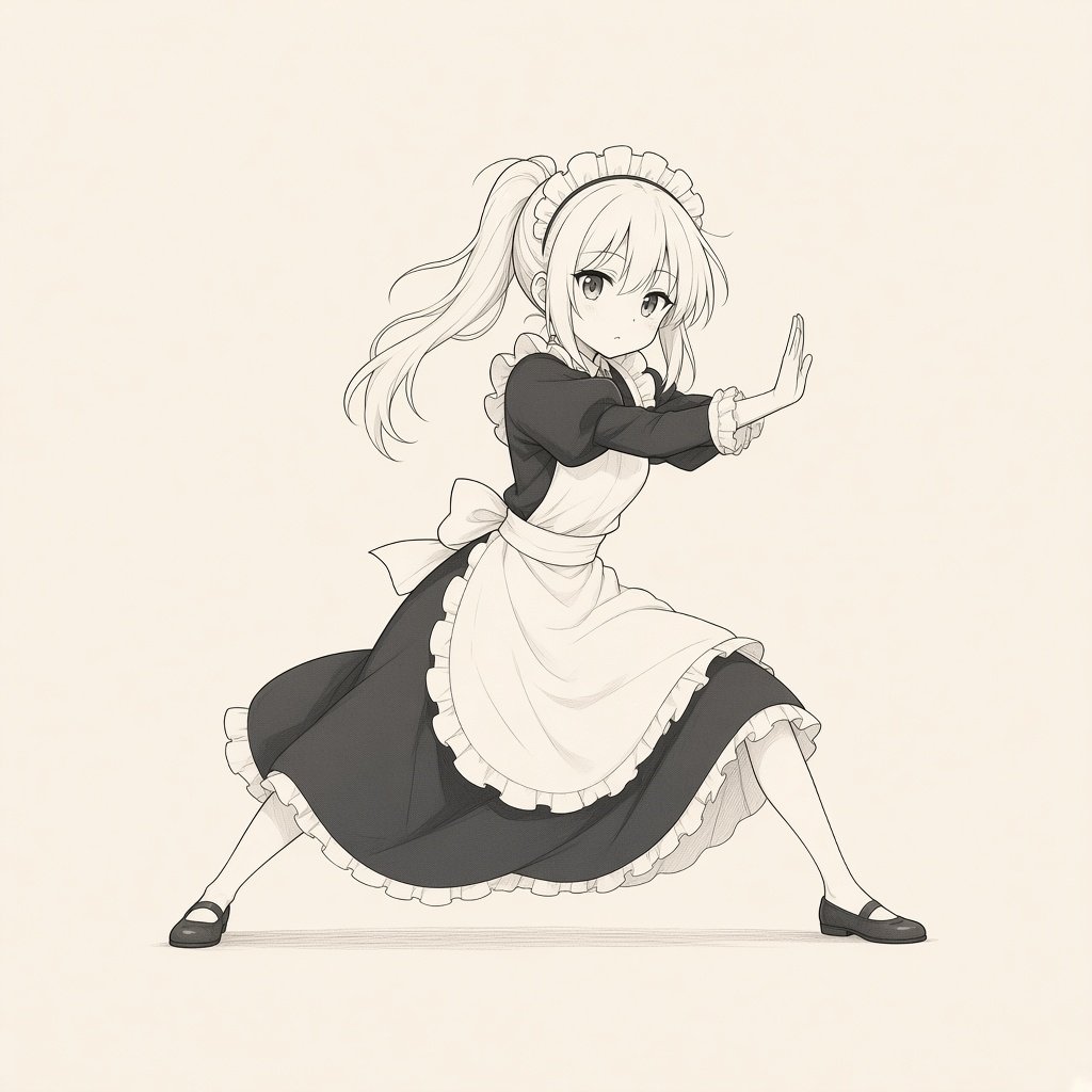 京都动画 / 《小林家的龙女仆》插画风格的女仆。柔和、有机、富有表现力的手绘美学。圆润的形态、逐渐收窄的四肢、放松的不对称感、可信的平衡、自然的肩部角度、细微…