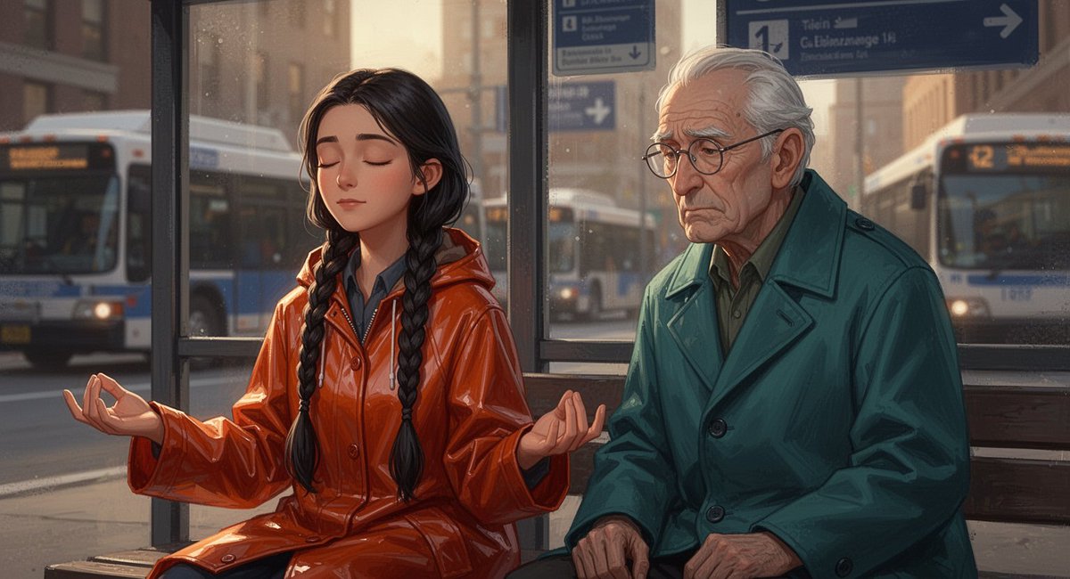 绘画风格动画电影静帧，电影感都市悬疑场景：一位年轻女子留着深色长辫发，身着光泽感橙红色雨衣，双眼微闭，双手掌心向上呈冥想姿态；身旁坐着一位身穿青绿色大衣、戴金…