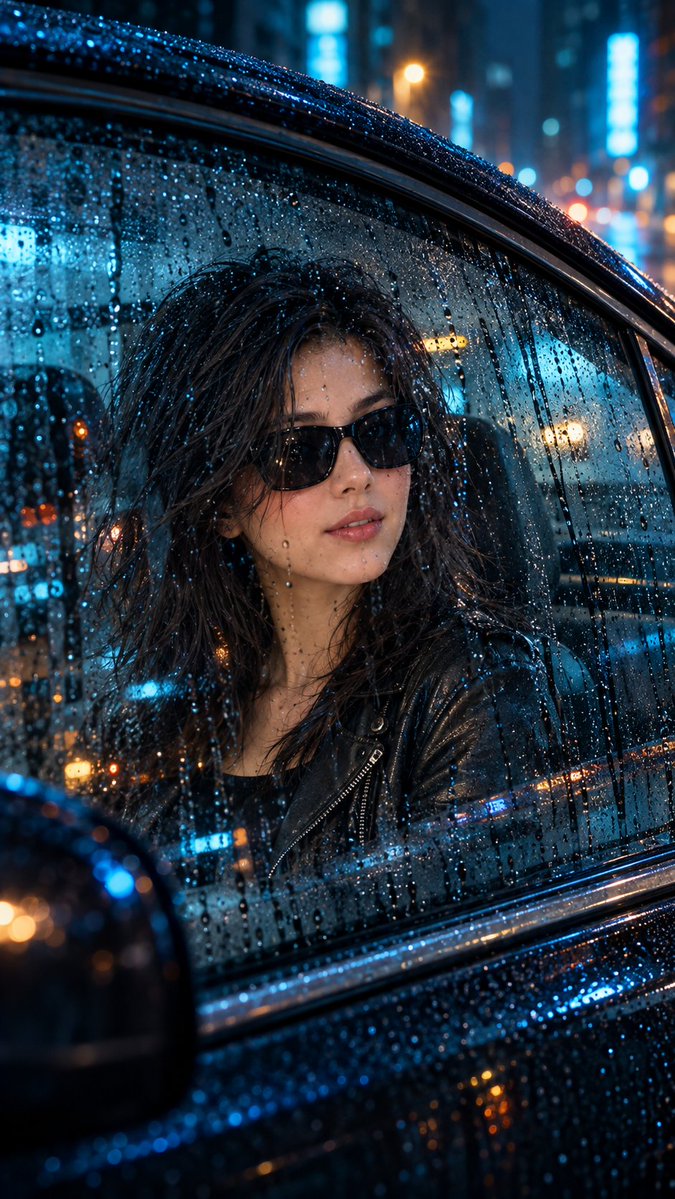 超写实 IMAX 级 Netflix 风格电影感雨夜车内人像肖像，9:16 竖版。以所上传的图片作为主要视觉参考，并严格保留其面部特征、比例及标志性细节。画面…