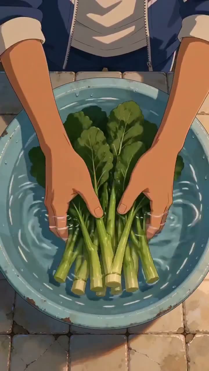 制作一段电影感、超写实的17秒真人实拍美食序列，在温暖质朴的家庭厨房中完整展示光泽诱人的中式炒青菜。开场为俯拍特写，新鲜绿叶蔬菜在大陶盆的清水中被彻底清洗。捕…