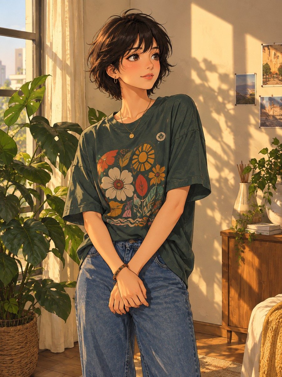 { "prompt": { "subject": "二十岁出头的年轻女性，身材纤细，肤色暖米色，柔和的心形脸，深棕色大眼睛，深意式浓缩咖啡色短款分层沙龙发型配…