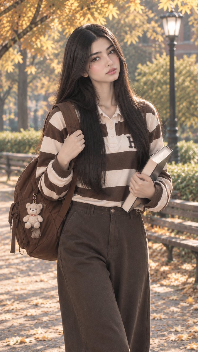 一位美丽的韩国女孩，一位年轻的成年韩国女性，优雅地坐在秋日公园的木质长椅上，穿着同样的棕白条纹撞色复古橄榄球polo衫，带有“H”字章徽，搭配宽松的深棕色阔腿…