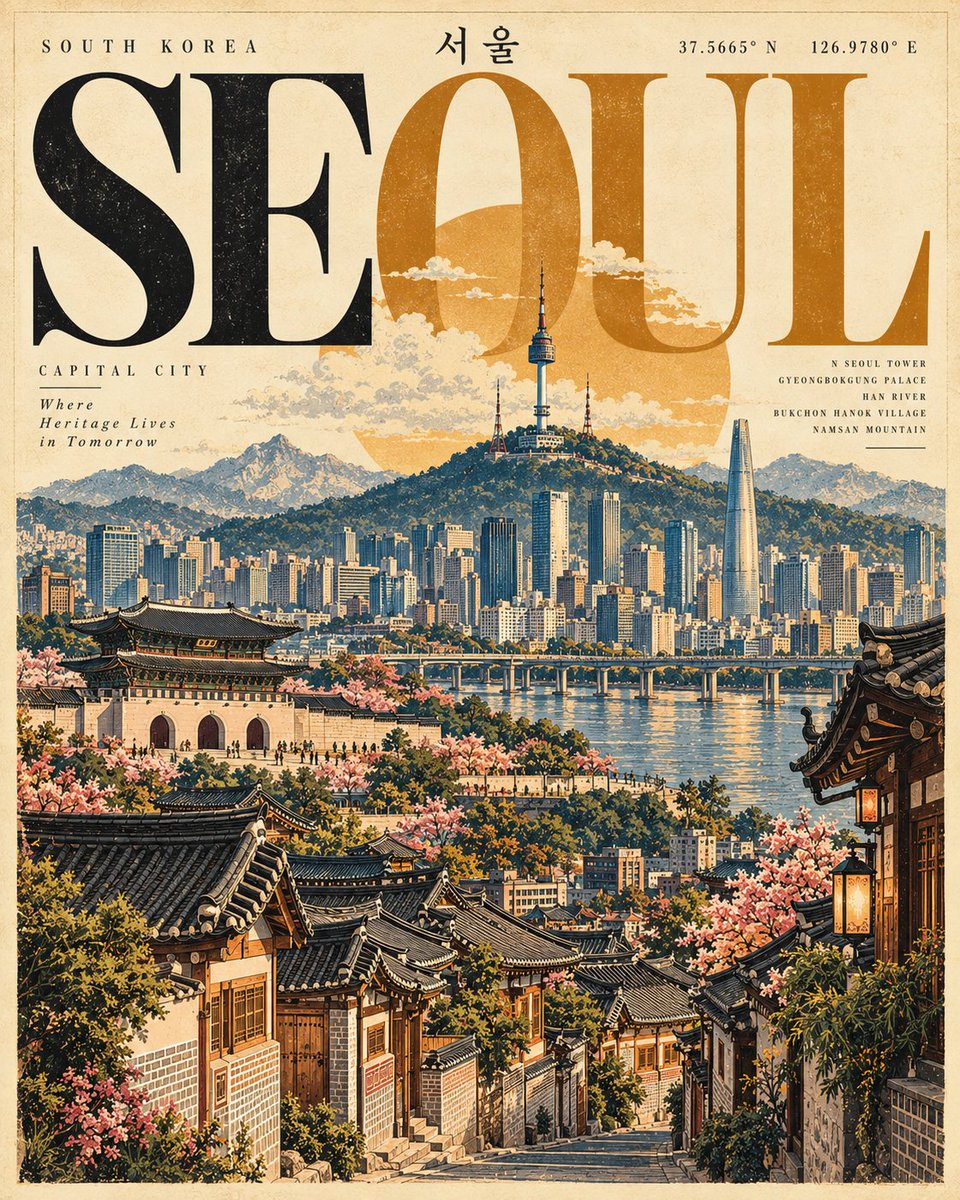为 [国家 / 城市 / 地点 / 主题] 创作一张高级的 4:5 竖版复古编辑风格旅行海报。 仅文生图 —— 完全根据地点或主题创意性地生成整幅作品。无需参考图像。 核心概念…