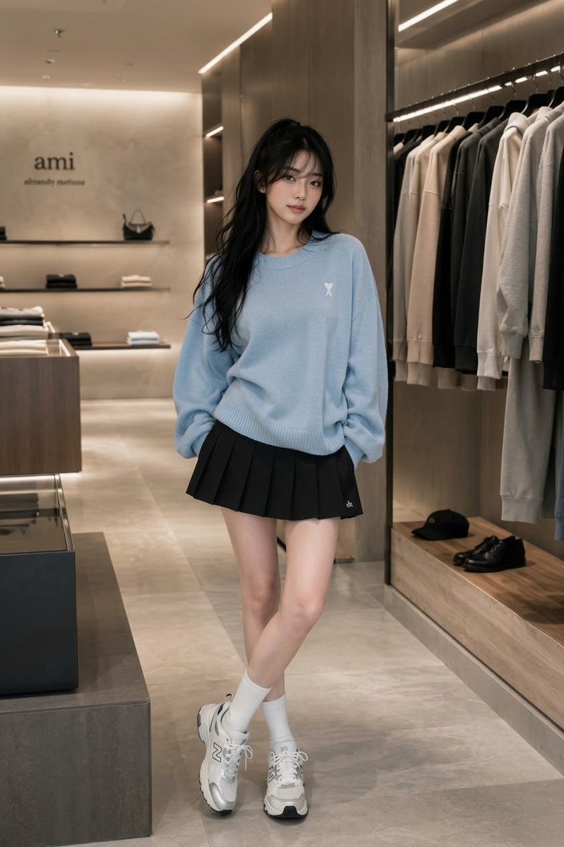 一张全身时尚编辑风格的人像照片，画面中是一位美丽的年轻女性，其外貌与参考形象一致：长而富有光泽的深色头发、柔和的刘海、白皙的肤色，以及精致柔美的女性化五官。她…