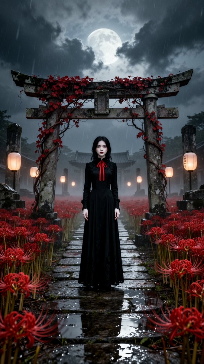一位神秘的年轻女子，肌肤苍白、黑发如瀑，独自伫立在一条石径上，身后是一座爬满枯红藤蔓的古老鸟居，位于古老神社的遗迹之中。她身穿一袭优雅的黑色高领连衣裙，颈间系…