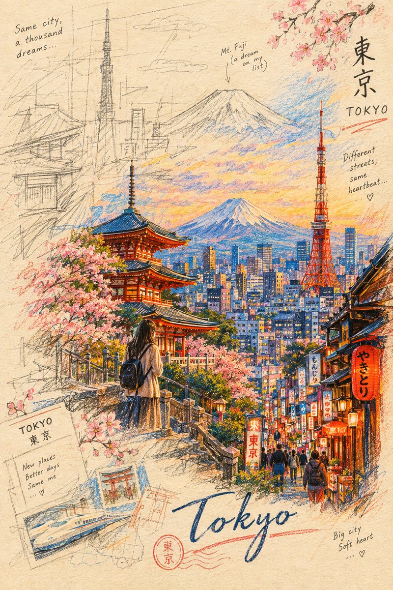 一幅视觉震撼的彩色铅笔与蜡笔插画,描绘[CITY / COUNTRY / LANDMARK],从一幅松散的手绘草图逐渐转变为细节丰富的场景。作品以可见的铅笔构…