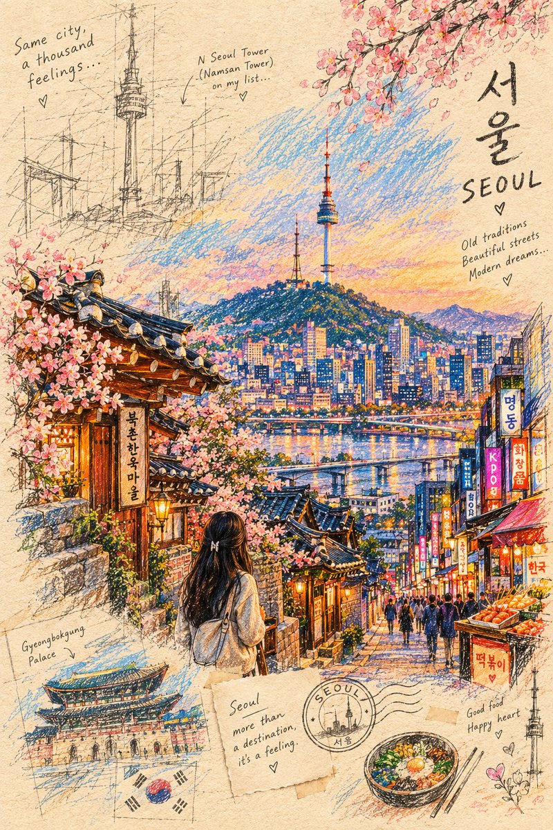 一幅视觉震撼的彩色铅笔与蜡笔插画,描绘[CITY / COUNTRY / LANDMARK],从一幅松散的手绘草图逐渐转变为细节丰富的场景。作品以可见的铅笔构图线、粗犷笔触、潦草…