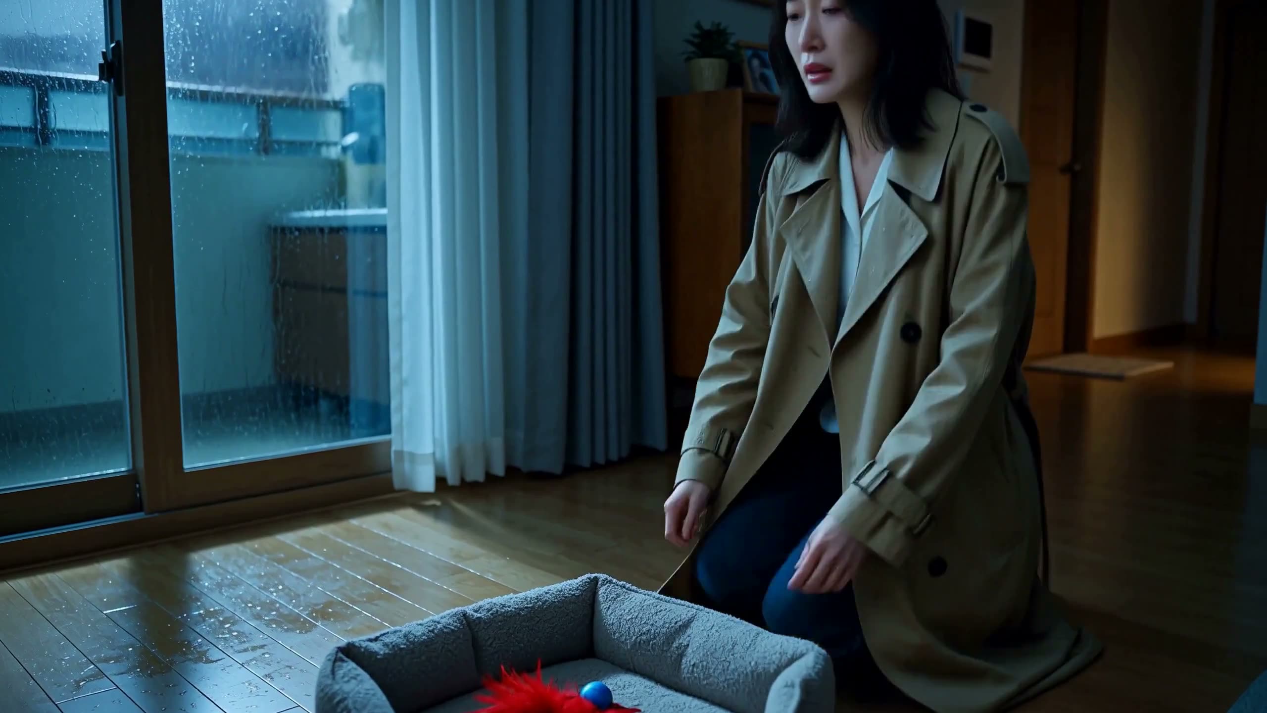 创作一部深沉感人、照片般逼真的电影短片，讲述一位女性因失去她深爱的毛茸茸的姜黄色虎斑猫而悲痛万分的故事。在一个阴郁的雨夜，在灯光昏暗的公寓内，这位身穿深米色风…