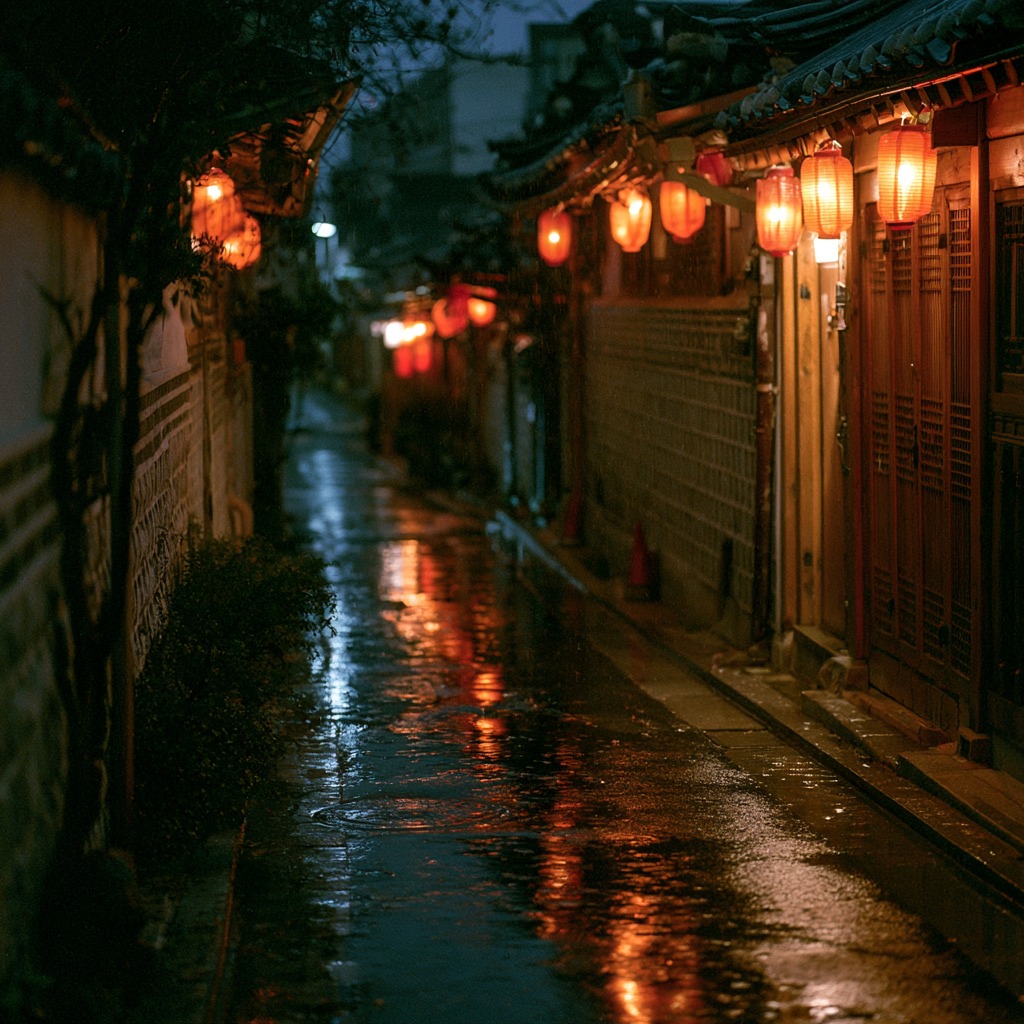 雨后夜晚宁静的首尔小巷，韩屋灯笼散发着柔和的光，水洼中倒映出温暖的光影，35mm胶片质感 #AIArt #Midjourney https://t.co/J7…
