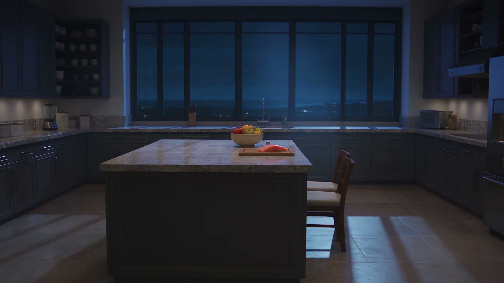 制作一部30秒高预算电影级3D动画喜剧短片，片名《THE GREAT FISH HEIST — Cat Burglar Kitchen Raid》。一只胖乎乎…