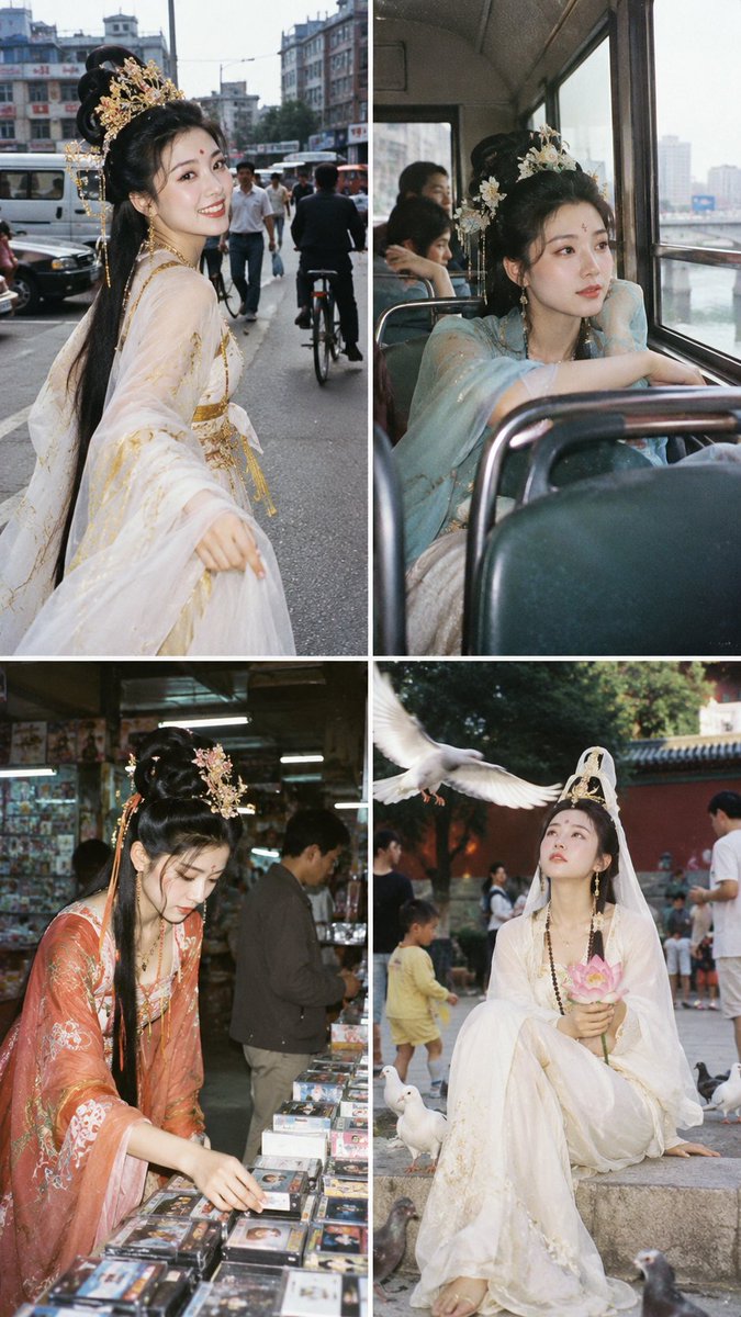 90年代中国生活影像 × 彩色胶片快照 × 主题:【XXX】 随机元素:随机场景、随机人物、随机服装、随机动作与表情、随机实验镜头与构图。 视觉关键词:旧公交、录像厅、旧书店、街…