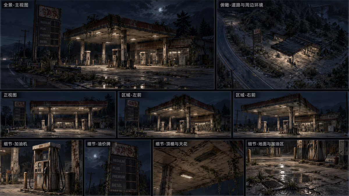 Seedance 2.5 提示词👇 15 秒，16:9，7 镜连续叙事，写实人体解剖，真人质感，中国奇幻武侠与袖中法术。开场立即在月光下的废弃加油站近身战斗。节奏：短促碰撞、贴身…