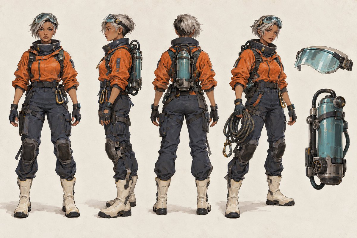 创建一张专业游戏/动画角色 Character Sheet。原创成年女性高空遗迹勘探员：暖棕肤色、短而凌乱的银灰发、透明青绿色护目镜、旧橙色技术夹克、深灰工装…