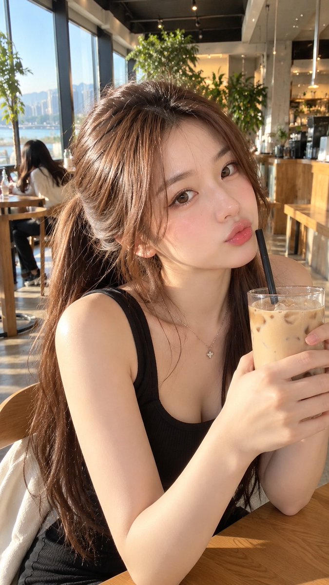 一位美丽的年轻韩国女性，长长的丝滑棕色头发松松地扎成低马尾，妆容是水润的韩系妆容，柔和的腮红，自然水润的肌肤，水润饱满的嘴唇，精致的五官，可爱的少女感，在一家…
