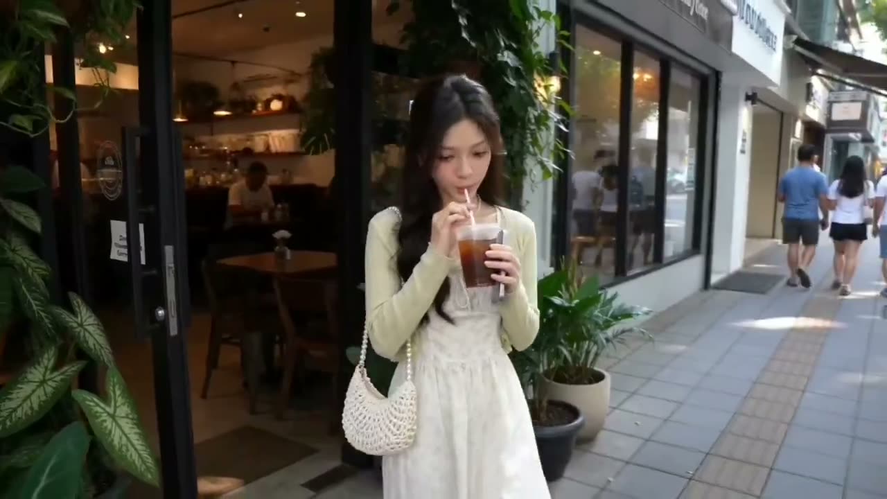 创作一段60秒的超写实电影感生活方式Vlog，主角是一位美丽的年轻韩国女性，留着深棕色长发，妆容柔和自然，笑容温柔。她身穿精致的白色花卉连衣裙，搭配浅米色开衫…