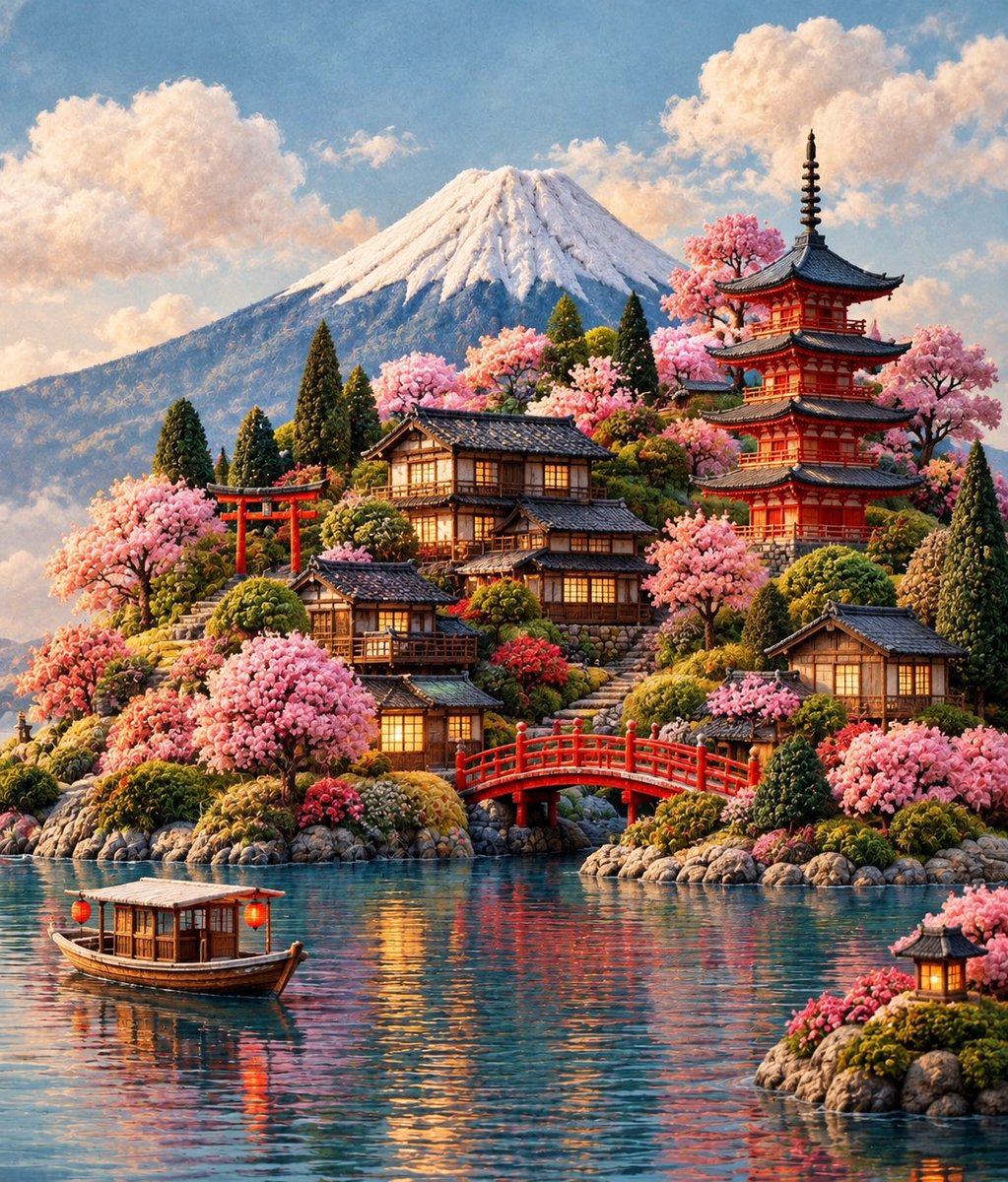 创建一个灵感来自[COUNTRY]的奇幻而高度精致的微缩世界，仿佛整个国家都被化作了一座手工打造的故事书景观。 覆盖着丰富、触感柔软、天鹅绒般植被的连绵山丘从一片平静的水域中升起…