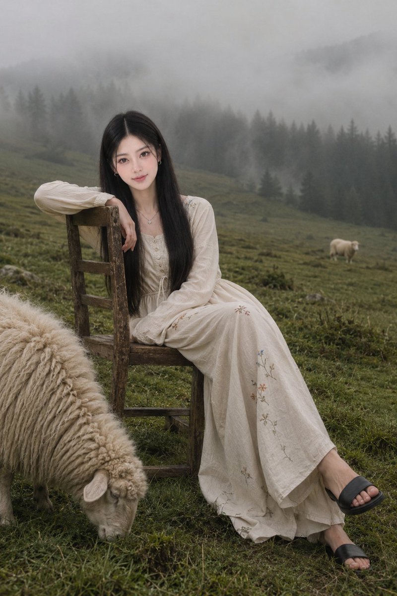 创建一张 9:16 竖版的写实风格肖像照片，画面中一位美丽的年轻女子自然地坐在一把陈旧质朴的木椅上，背景是雾气弥漫的绿色山间草甸。她的长直顺滑的黑发与面部外观…