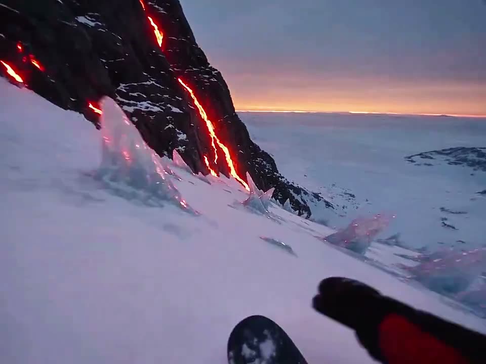 电影级第一人称单板滑雪视角，在金色夕阳下沿雪山坡道滑降，黑暗岩石中发光的熔岩裂缝，地平线上爆发出一团巨大的火红蘑菇云爆炸，伴随冲击波般的云层，锯齿状冰晶从身旁…