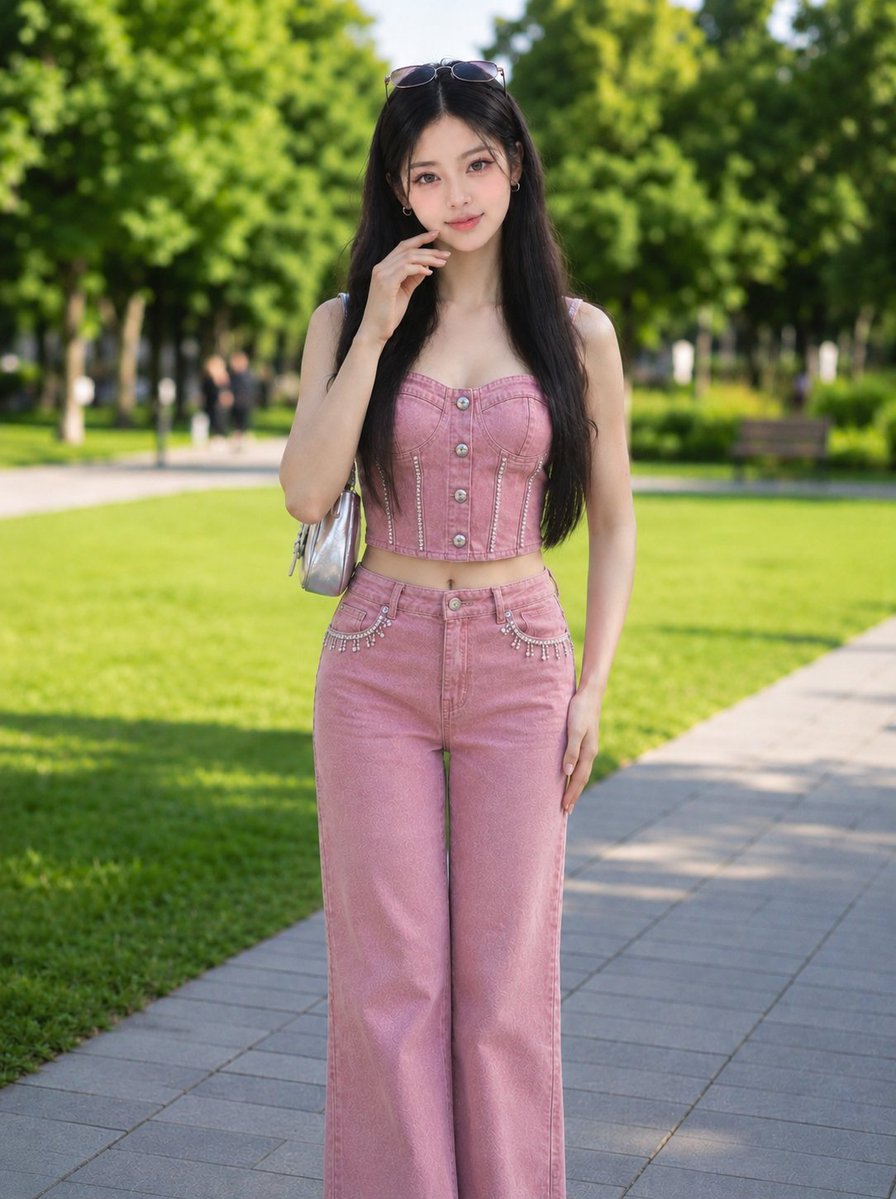 在阳光明媚的绿色公园里站着一位韩国女孩，面部和五官与提供的参考图像完全一致，保持自然肤质和真实的身材比例。她留着长直深色头发，头顶架着太阳镜，戴着小巧的圆圈耳…