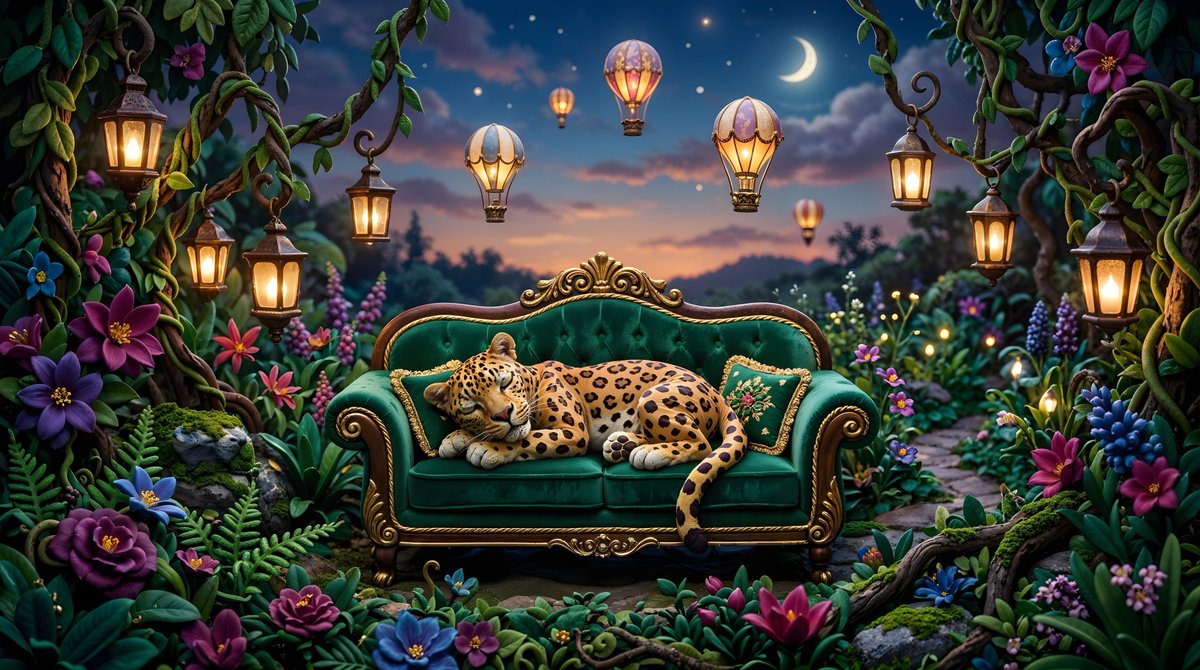 一个黏土动画风格的场景描绘了一只豹子在一张奢华的翡翠绿天鹅绒沙发上安然入睡，沙发装饰着金色镶边和精美的雕刻。沙发放置在一片神秘、被植物蔓生的花园中，花园里满是…