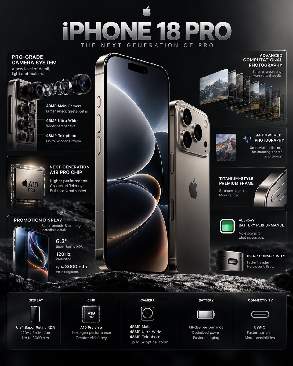 创建一个高端、照片写实风格的4K科技信息图，以iPhone 18 Pro作为主角产品。 设计一款精致、高端的编辑风格信息图，采用极简的苹果式美学，深石墨色/黑…