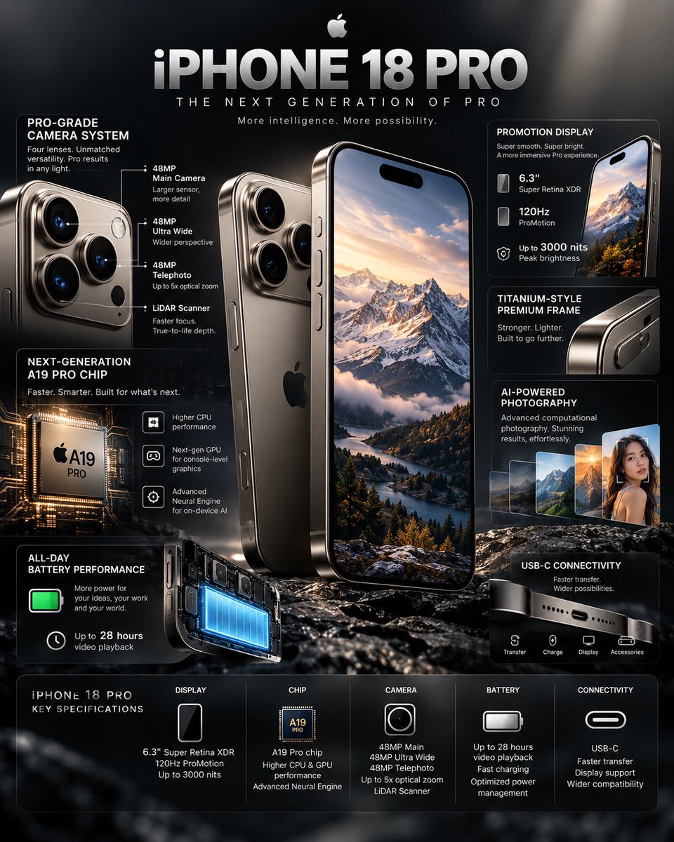 创建一个高端、照片写实风格的4K科技信息图,以iPhone 18 Pro作为主角产品。 设计一款精致、高端的编辑风格信息图,采用极简的苹果式美学,深石墨色/黑色背景,细腻的金属渐…