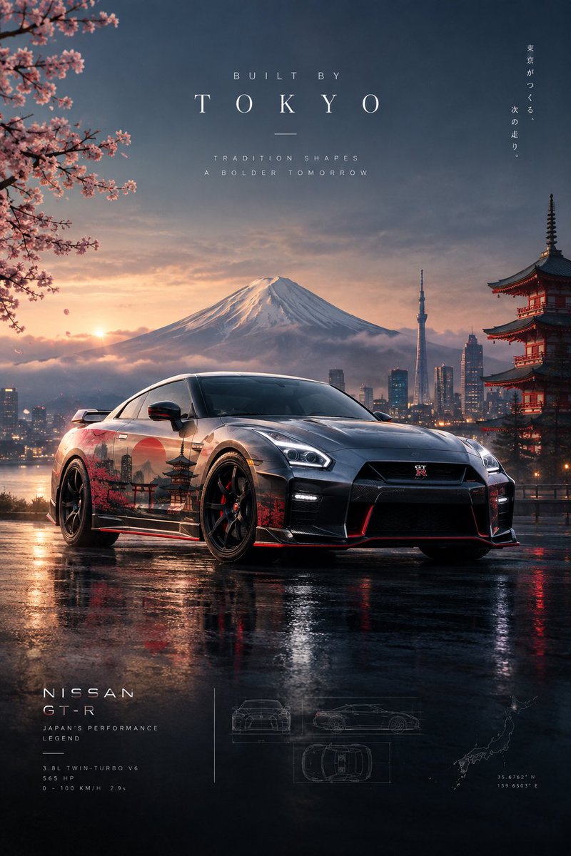 创建一张高端电影感汽车海报,主角车型为 [CAR MODEL],设计理念为让这辆车仿佛诞生于 [CITY/COUNTRY] 的视觉气质之中。车辆为画面绝对主角…