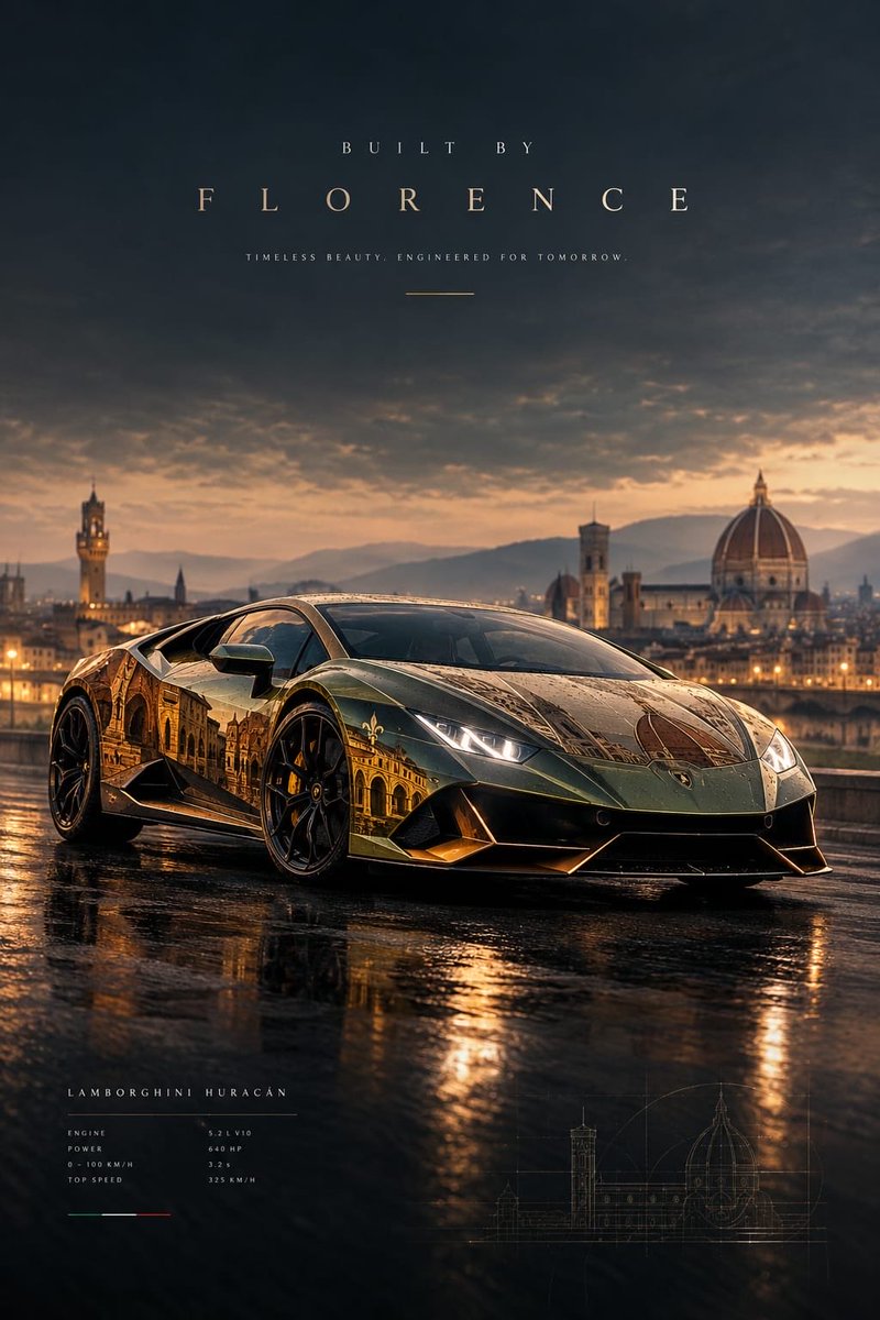 创建一张高端电影感汽车海报,主角车型为 [CAR MODEL],设计理念为让这辆车仿佛诞生于 [CITY/COUNTRY] 的视觉气质之中。车辆为画面绝对主角,以极具张力的 3/…