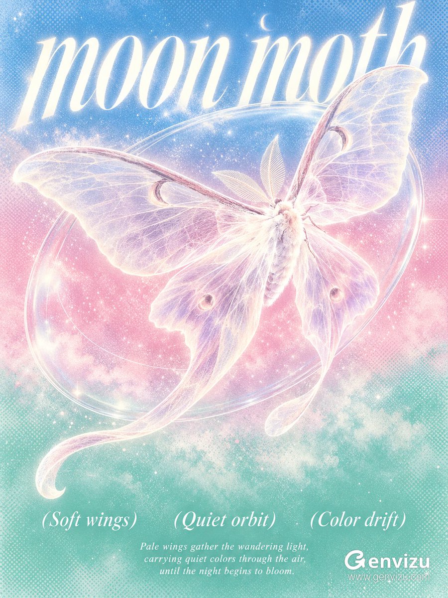创作3:4竖版梦幻实验海报，天空蓝上部、玫瑰粉中部、薄荷绿底部，以喷枪柔染自然融接，表面覆盖细密半色调与细颗粒。顶部巨大的白色高对比斜体衬线标题“moon m…