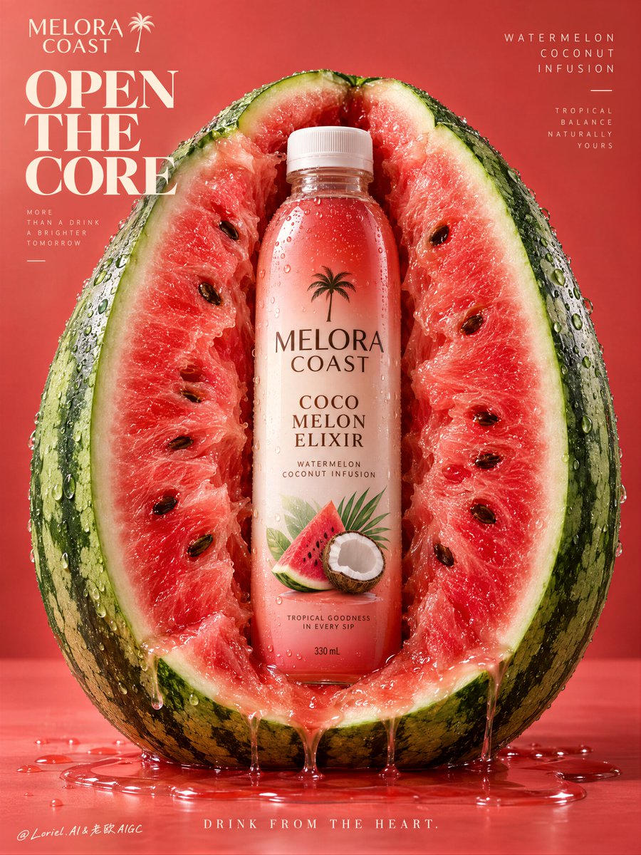 西瓜不是道具——它是产品的展示架构。 🍉 一个直立的半颗西瓜，切面朝向镜头，内部果肉向内弯曲，形成一个干净的中央腔室用于放置瓶子 水果为瓶子提供了比例、风味和…
