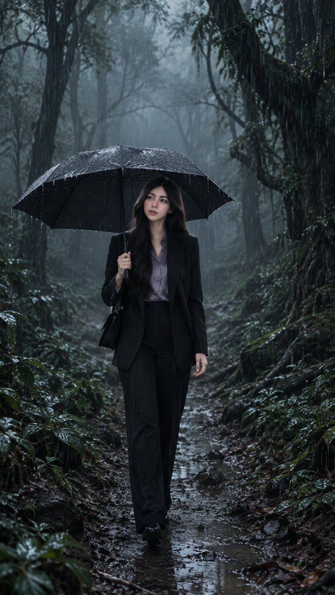 创建一个超现实的电影场景：一位年轻的专业女性在大雨滂沱中独自穿行于一片广阔、空旷、令人恐惧的森林中。 她身穿一套优雅、高级设计师风格的正装,展现出成熟、专业的…