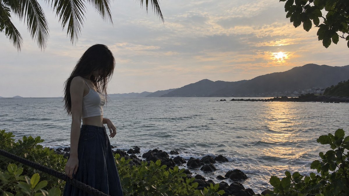 16:9 横屏，真实手机随手拍摄影，一位明确成年的年轻东亚女性站在海边观景步道旁，人物位于画面左侧约黄金分割位置，占画面高度约 65%，身体轻微侧向右侧，低头…