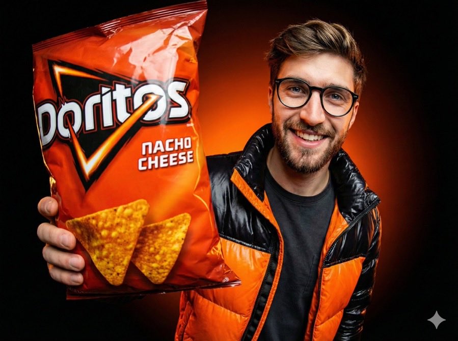 工作室肖像摄影，一个人微笑着将一袋奇宝（Cheetos）香脆橙色薯片袋靠近镜头，薯片袋和人物头部都位于前景。使用超广角鱼眼镜头拍摄，营造出俏皮、青春、充满活力的感觉。模特身穿一件…