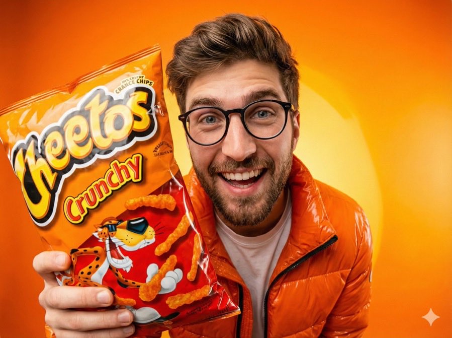 工作室肖像摄影，一个人微笑着将一袋奇宝（Cheetos）香脆橙色薯片袋靠近镜头，薯片袋和人物头部都位于前景。使用超广角鱼眼镜头拍摄，营造出俏皮、青春、充满活力的感觉。模特身穿一件…