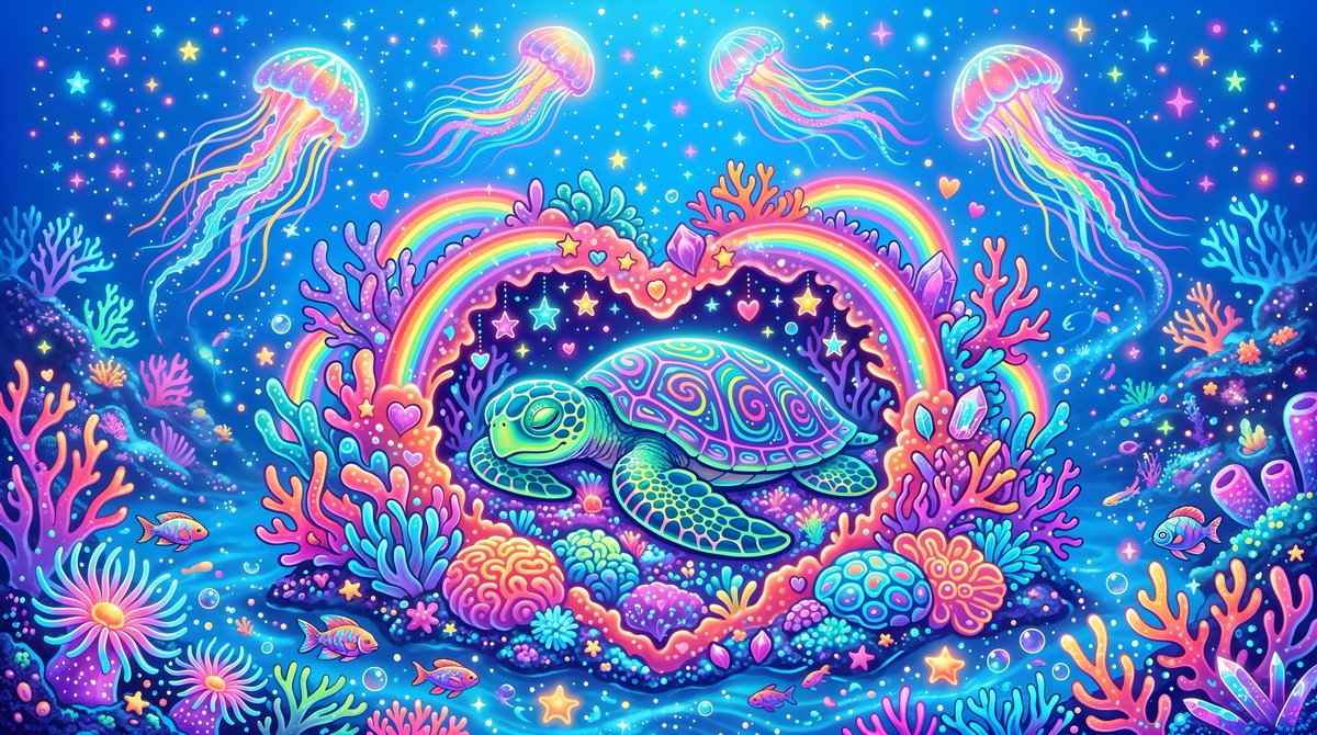 一幅充满活力的迷幻水下场景：一只正在酣睡的海龟依偎在一座色彩斑斓的珊瑚构造中。珊瑚上装饰着彩虹拱门、闪闪发光的星星、爱心和宝石，全部以霓虹粉、紫、橙、蓝等鲜艳…