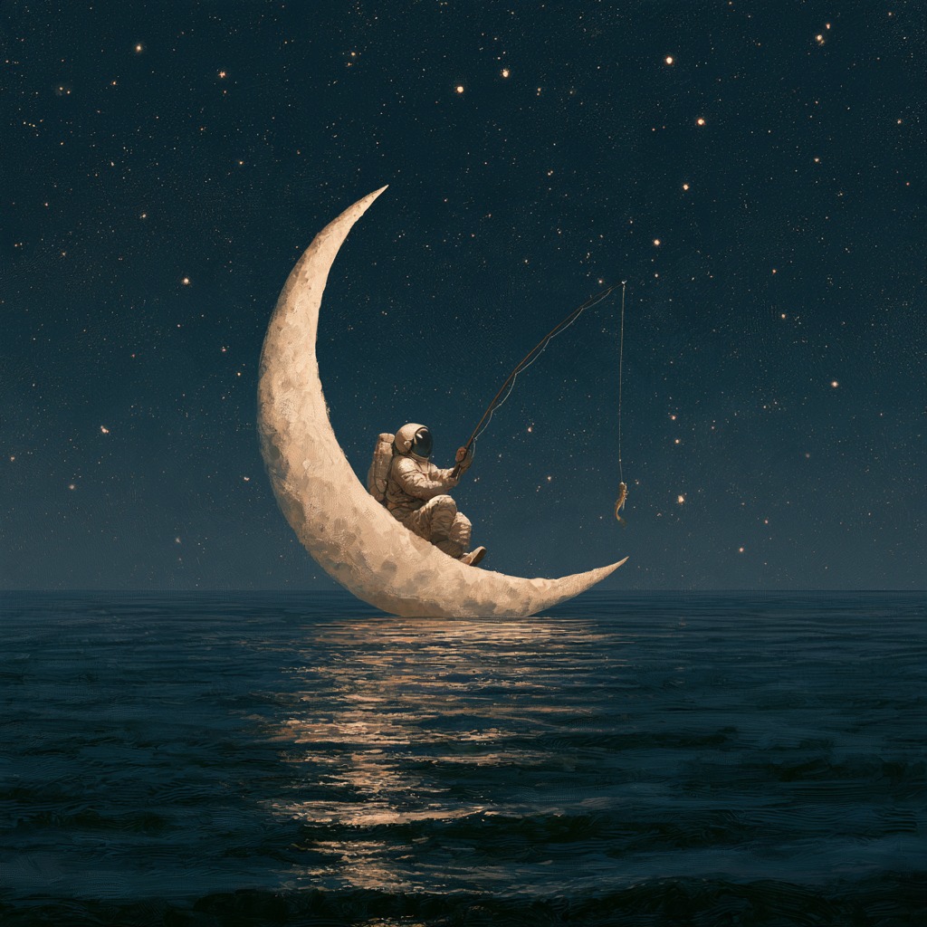 夜晚平静的海洋上空,一位宇航员坐在新月形月亮上钓鱼,星星倒映在水面,绘本插画风格 #AIArt #Midjourney https://t.co/xbKEzl…
