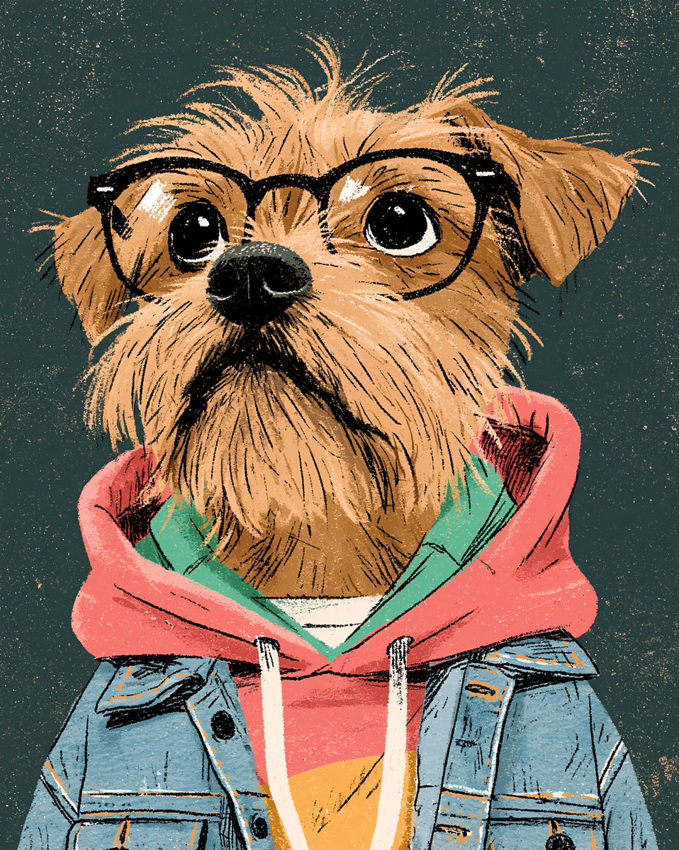 一幅近距离的半身肖像画，描绘了一只毛发蓬乱的混血梗犬，戴着眼镜，穿着红色连帽衫、内搭绿色连帽衫和一件牛仔外套。这只狗有棕色的毛发、黑色的鼻子和大而有神的眼睛…