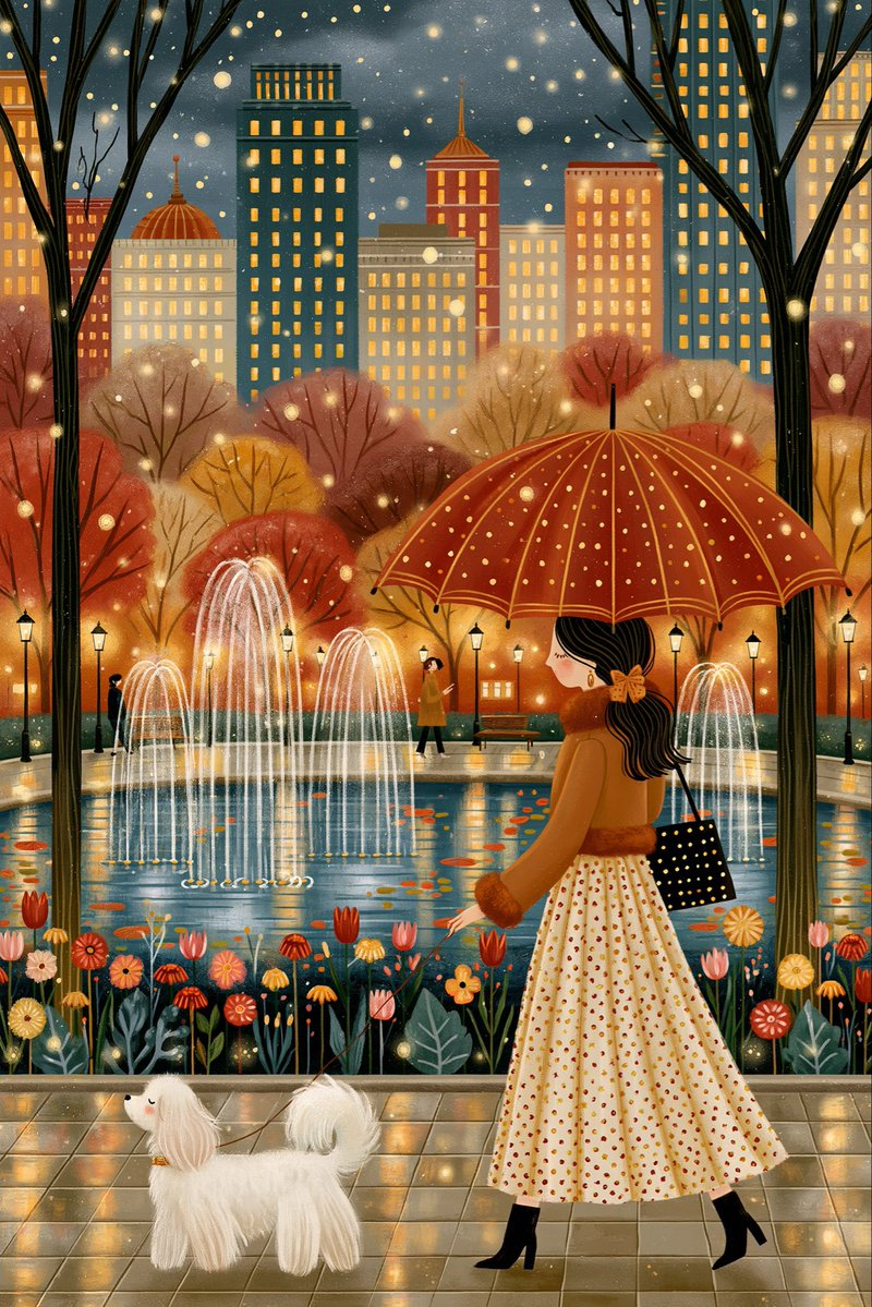 绘本插画——夜晚、现代赛博公园、喷泉、阳光可爱的时尚女士撑着雨伞与一只超级可爱的狗一起散步 --no photo, artifacts, --chaos 15…