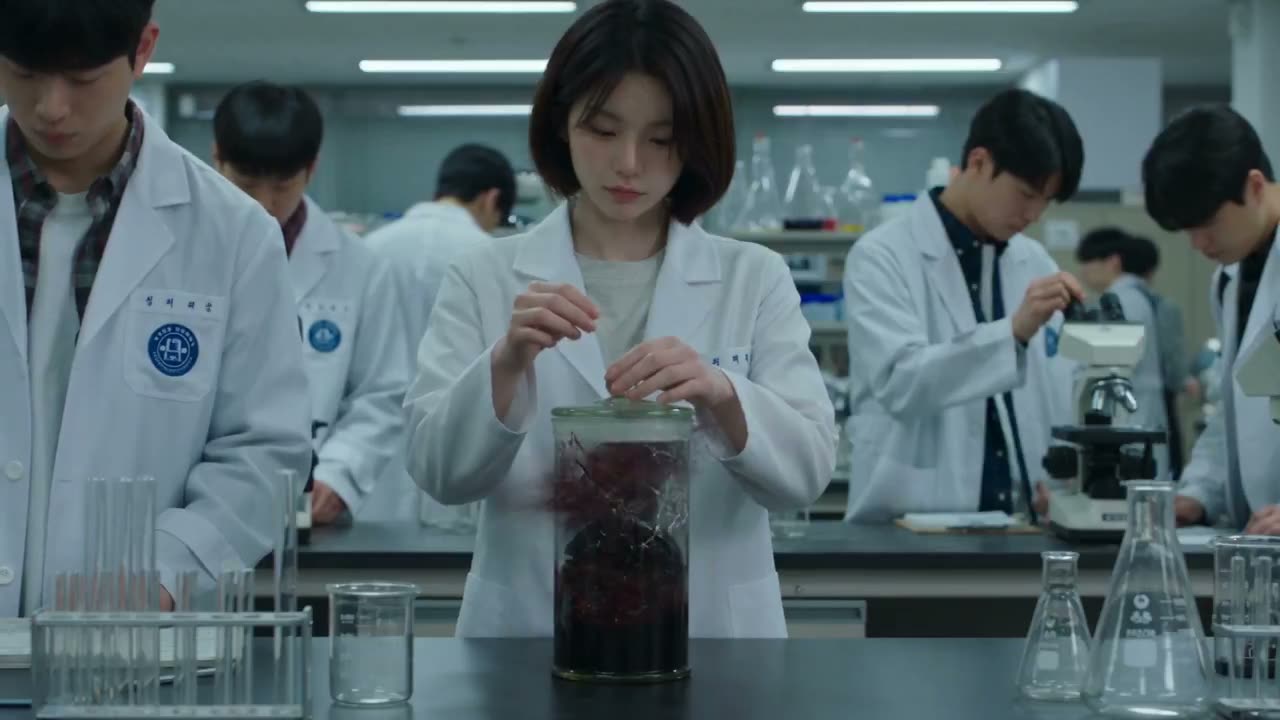 在一所现代大学科学实验室的常规本科实践课期间，制作一段照片级真实感、实景拍摄的僵尸恐怖连续镜头。核心角色是一名年轻的成年韩国女大学生，她身穿白色实验室外套，内…