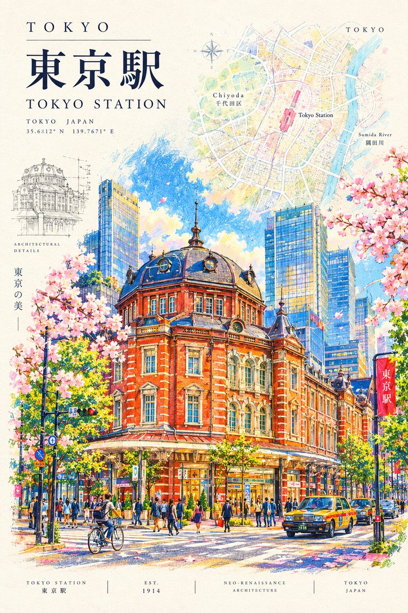 创作一幅惊艳的高端建筑旅行海报，灵感源自复古建筑插画，以 [LANDMARK / CITY]（地标 / 城市）作为主角。 以优雅的四分之三视角呈现地标，配以极其精细的手绘建筑线条…