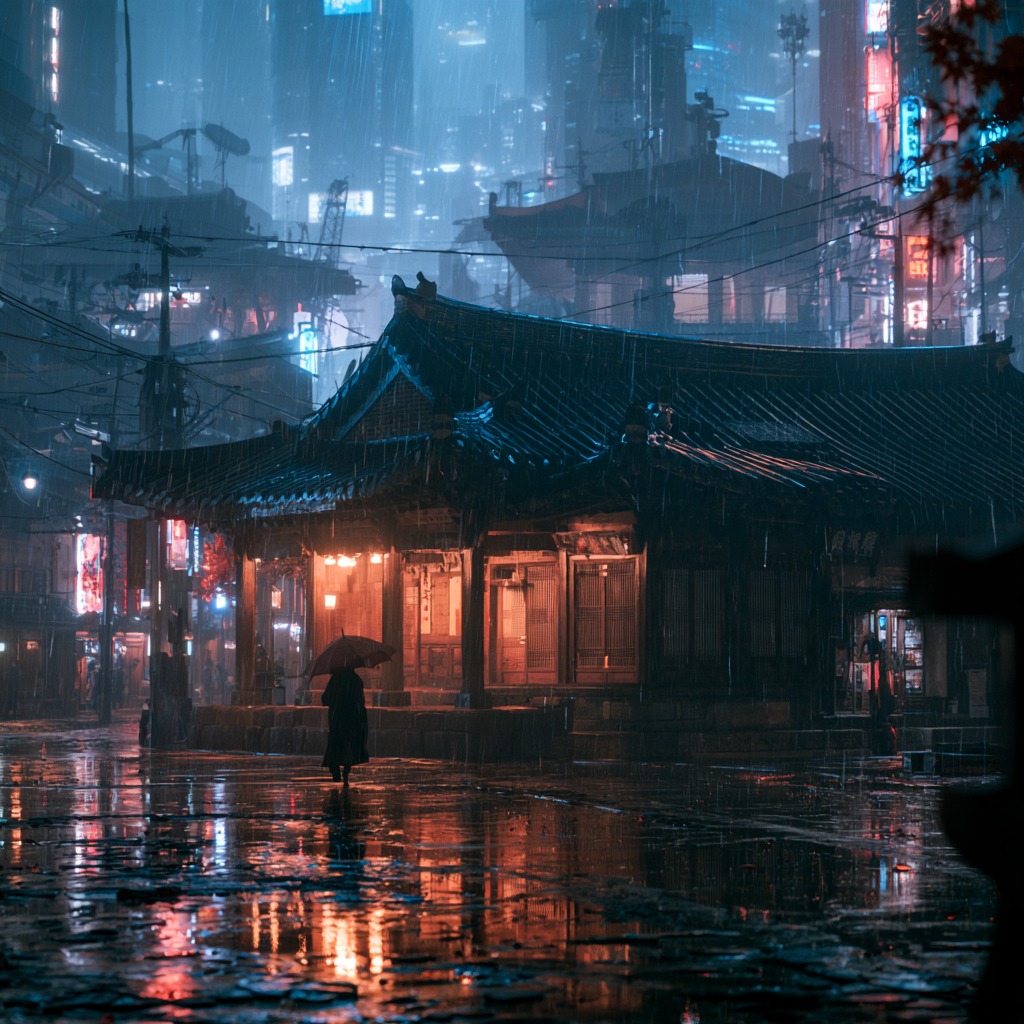 夜晚霓虹赛博朋克城市中央矗立着一座古老的韩国韩屋，雨水淅沥，闪烁的招牌倒映在湿漉漉的青石上 #AIArt #Midjourney https://t.co/2…